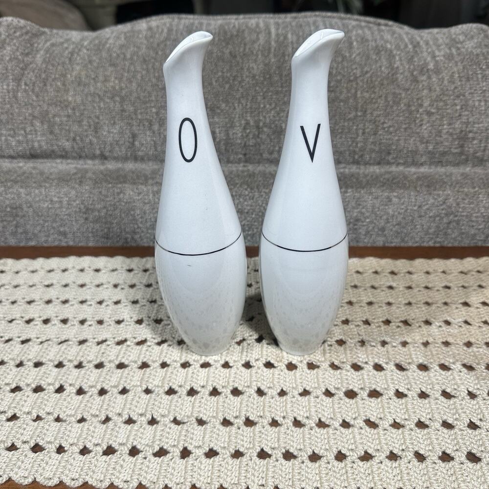 Vtg Fine China by Wallace Oil Vinegar Cruets White Porcelain Silver O V Letters